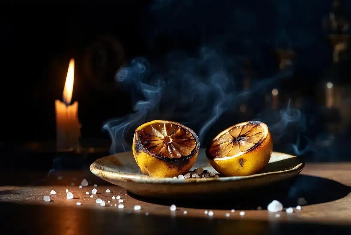 Désenvoutement par le citron : citron noirci après absorption d'énergies négatives lors du rituel traditionnel de purification