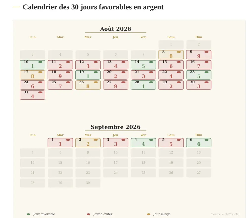 Exemple reel du Calendrier des 30 jours favorables en argent sur aout et septembre 2026 : chaque jour colorie en vert favorable, orange mitige ou rouge a eviter, avec le chiffre cle au centre de chaque case et la legende