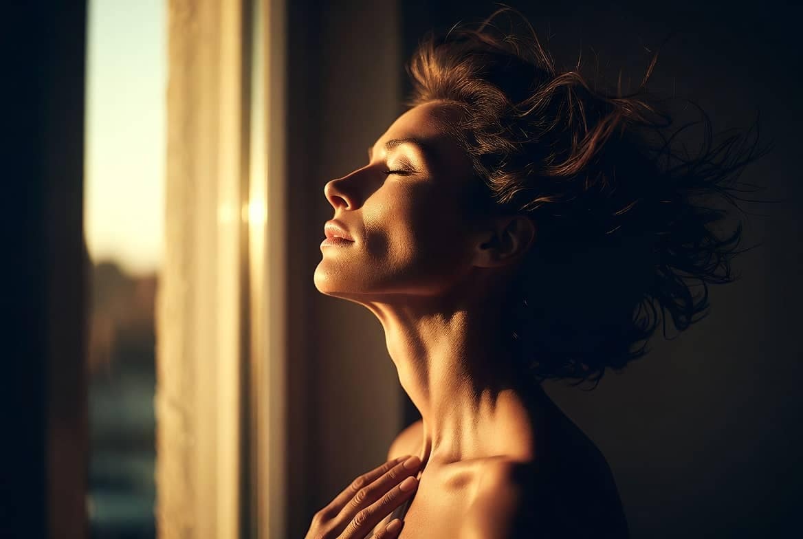 La liberation d'un djinn amoureux : une personne apaisee dans la lumiere du matin, libre de poursuivre sa vie affective