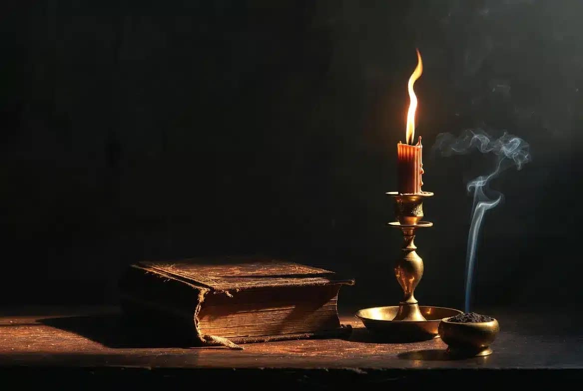 Ambiance mystique nocturne illustrant le rituel ancestral pour enlever la magie noire : livre ancien, bougie, encens