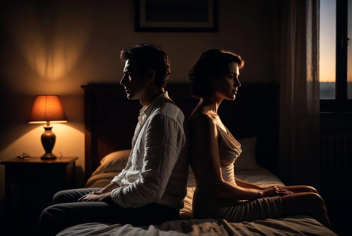 Couple silencieux assis dos-à-dos dans la pénombre, illustrant la distance émotionnelle soudaine et inexpliquée caractéristique d'un sihr de séparation actif