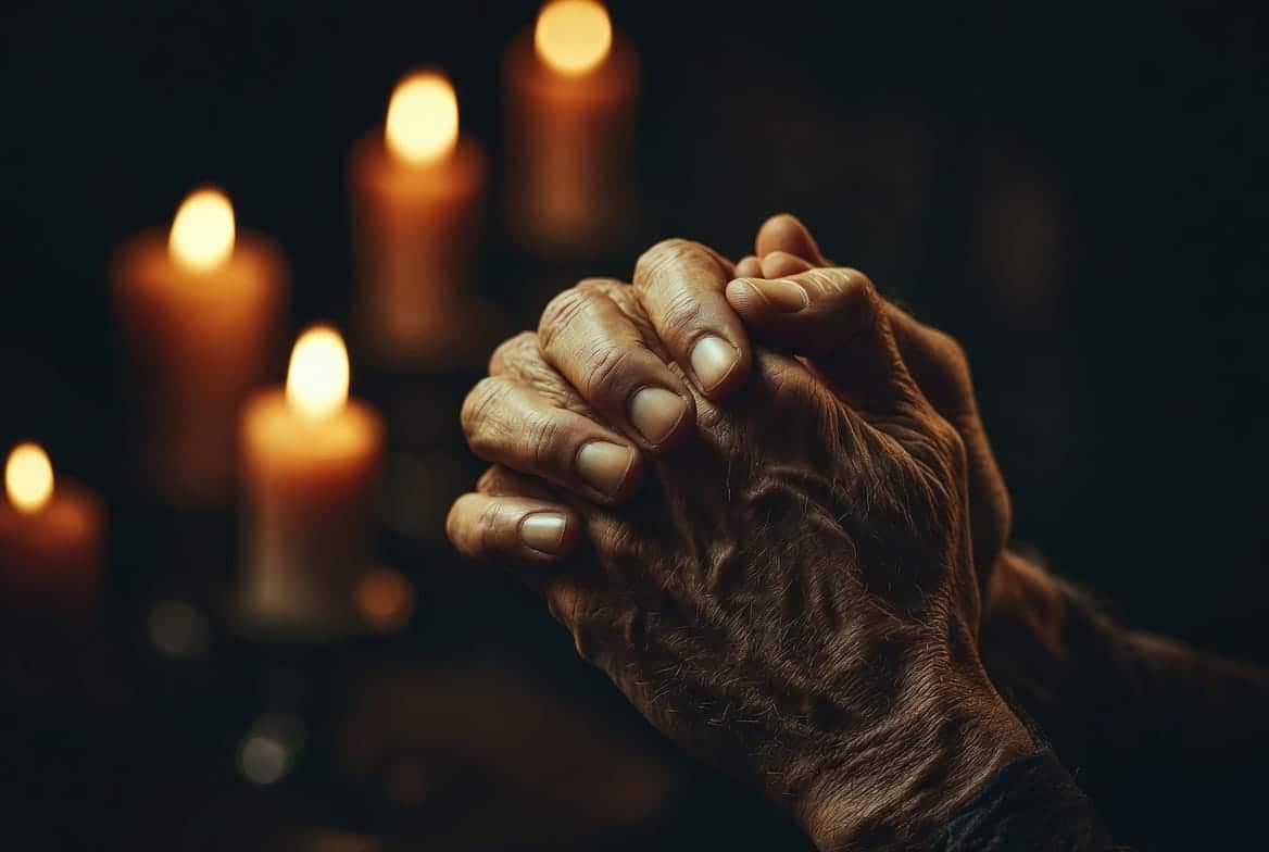 Mains jointes en prière mystique illuminées par la lumière d'une bougie, moment spirituel de prise de conscience face aux symptômes du sihr