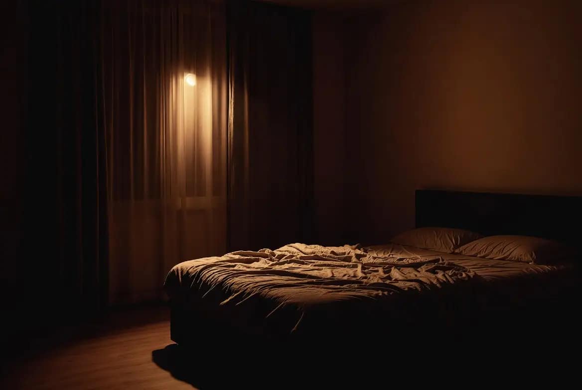 Chambre dans la pénombre évoquant la sensation d'oppression et de présence ressentie pendant une paralysie du sommeil d'origine spirituelle