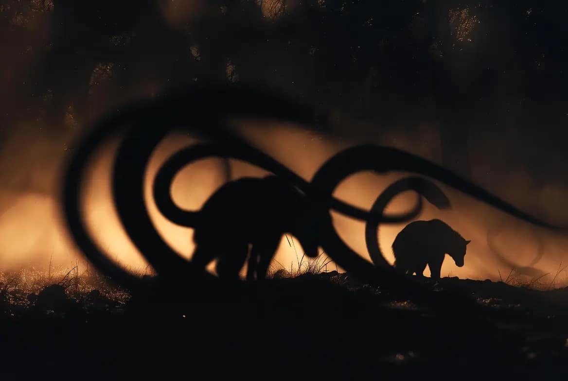 Ambiance nocturne sombre et symbolique évoquant un rêve de serpent récurrent et la question de son lien avec le sihr