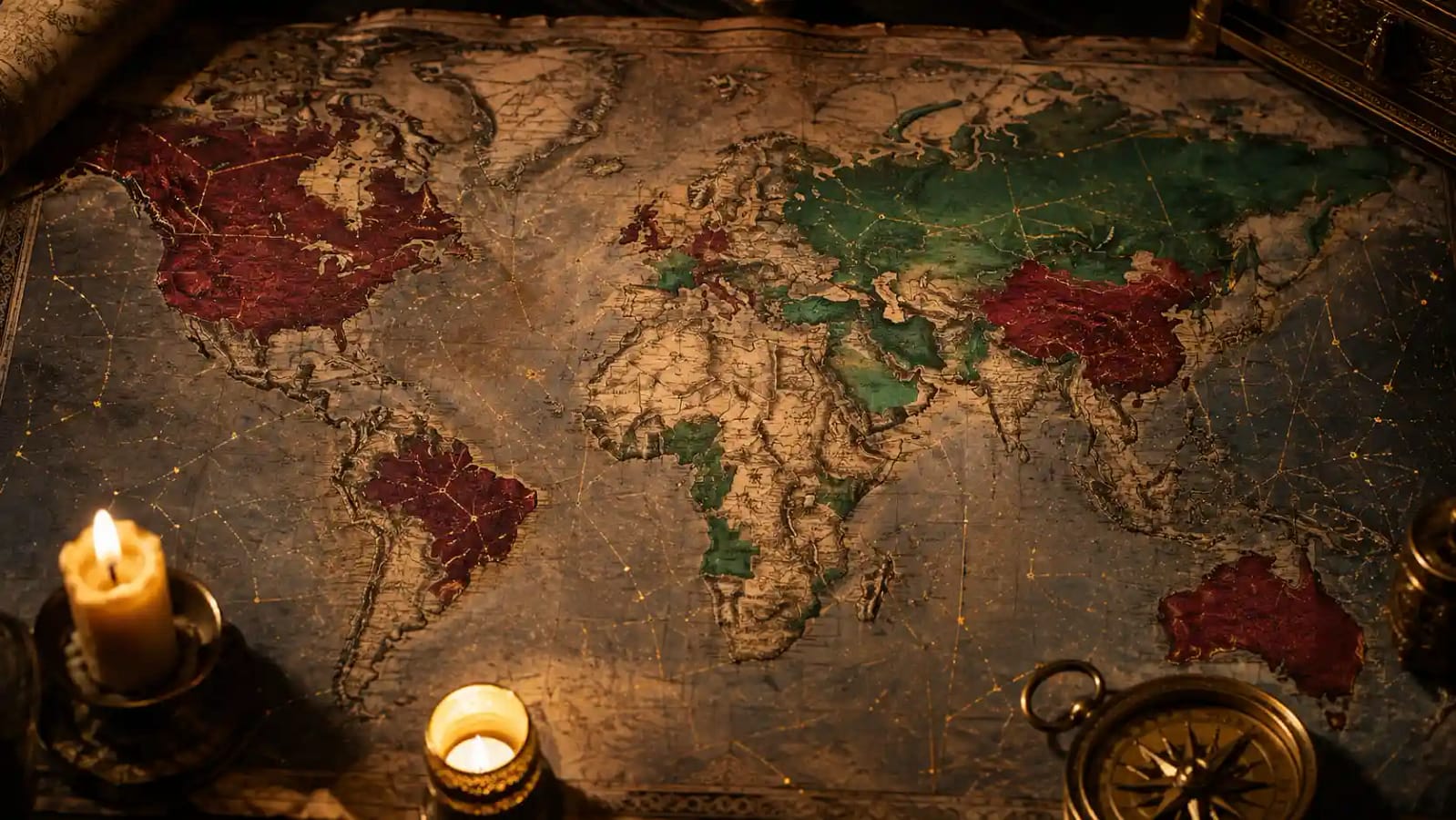 Cartographie du Chemin d'Âme : carte du monde symbolique avec pays qui portent en vert et pays qui freinent en rouge