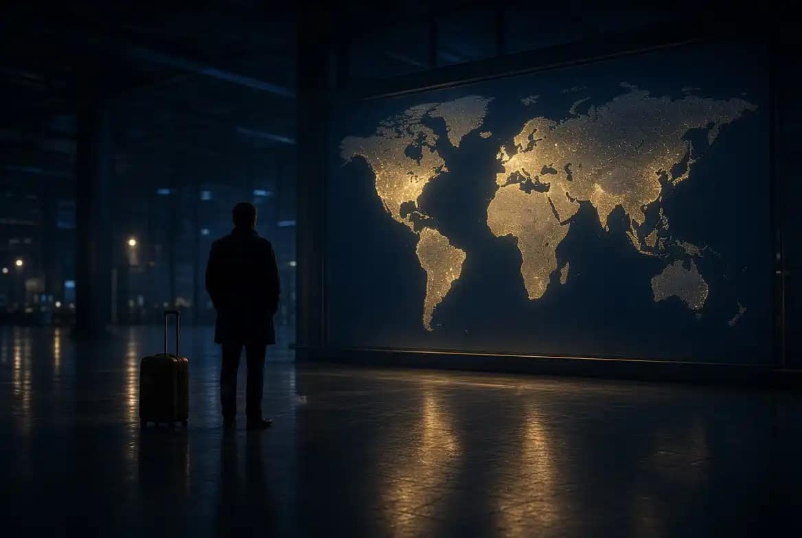 Expatriation astrologie choisir son pays : une personne prete a partir face a une carte du monde, hesitant entre plusieurs pays d'accueil