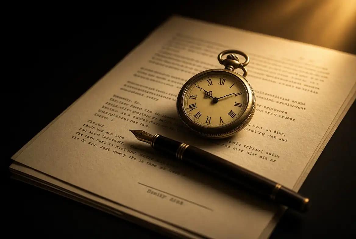 Horloge dorée et stylo plume posés sur un contrat prêt à être signé dans la fenêtre favorable — timing d'une signature selon la méthode Well Therapy