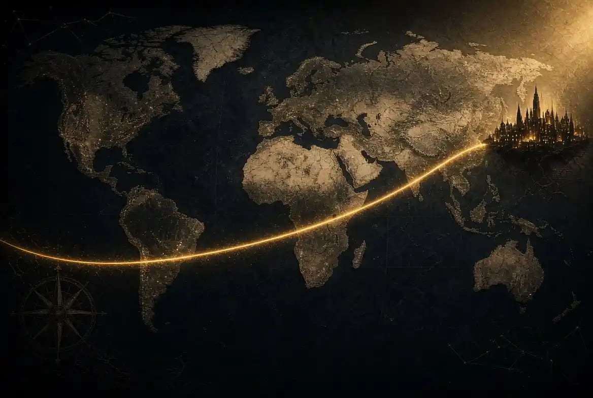 Ligne de Jupiter astrocartographie — carte du monde en clair-obscur traversée par un trait doré Jupiter au-dessus d'une ville