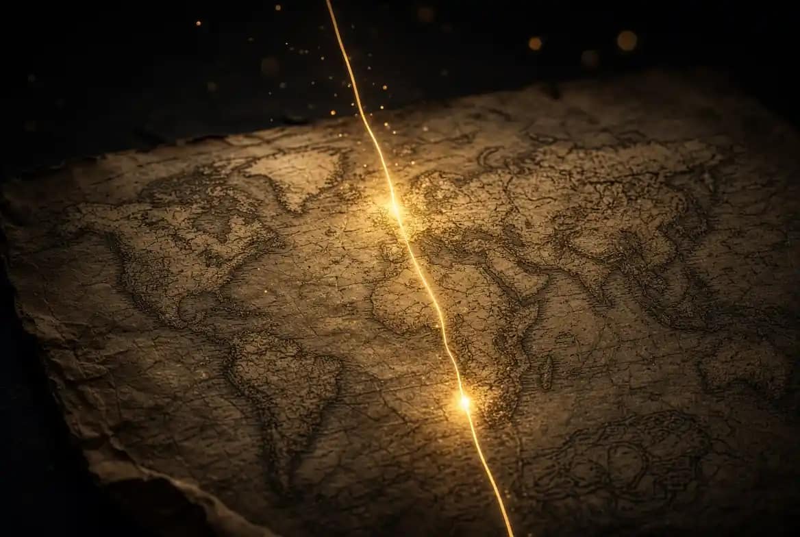 Ligne de Vénus astrocartographie tracée en or sur une carte du monde ancienne, symbolisant les lieux où l'amour et la douceur sont amplifiés