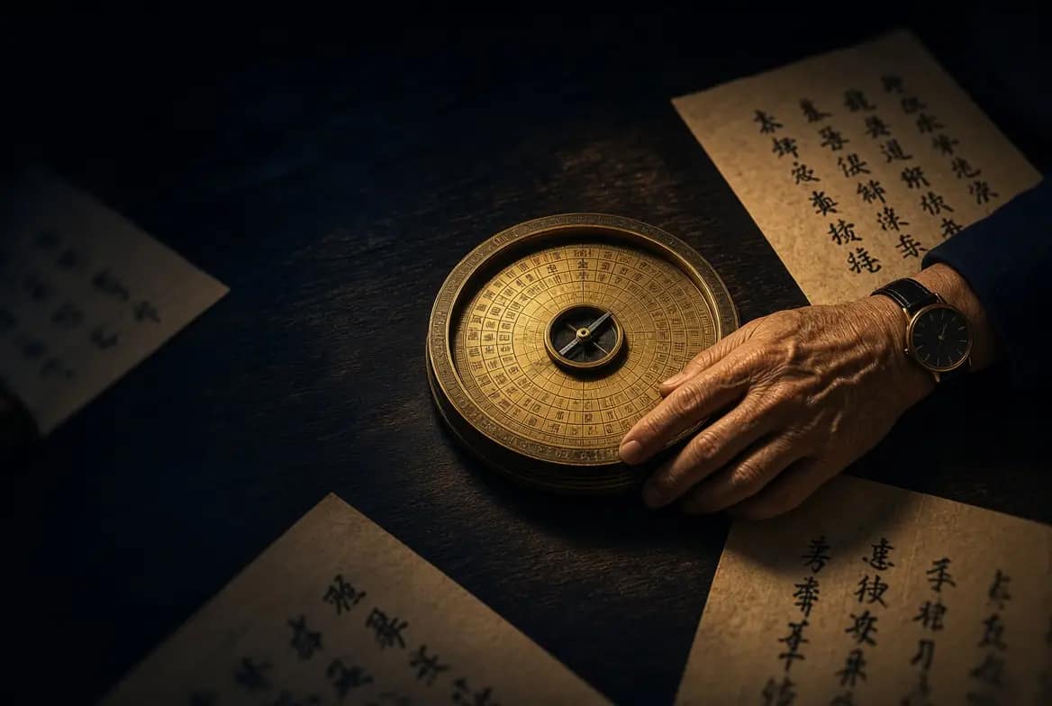 Nombre kua calcul direction : boussole Feng Shui avec 4 directions favorables en or et 4 défavorables en rouge sombre