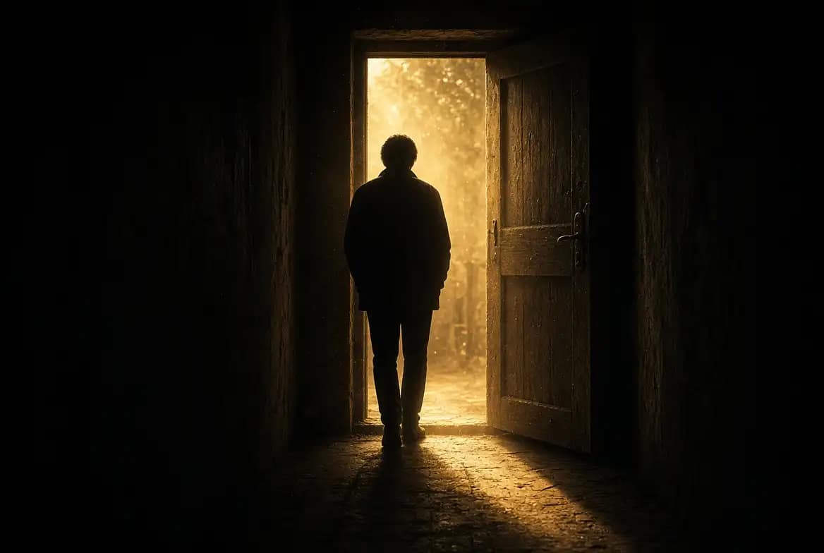 Personne seule face à une porte qui s'ouvre sur une lumière dorée, symbole de l'autonomie retrouvée