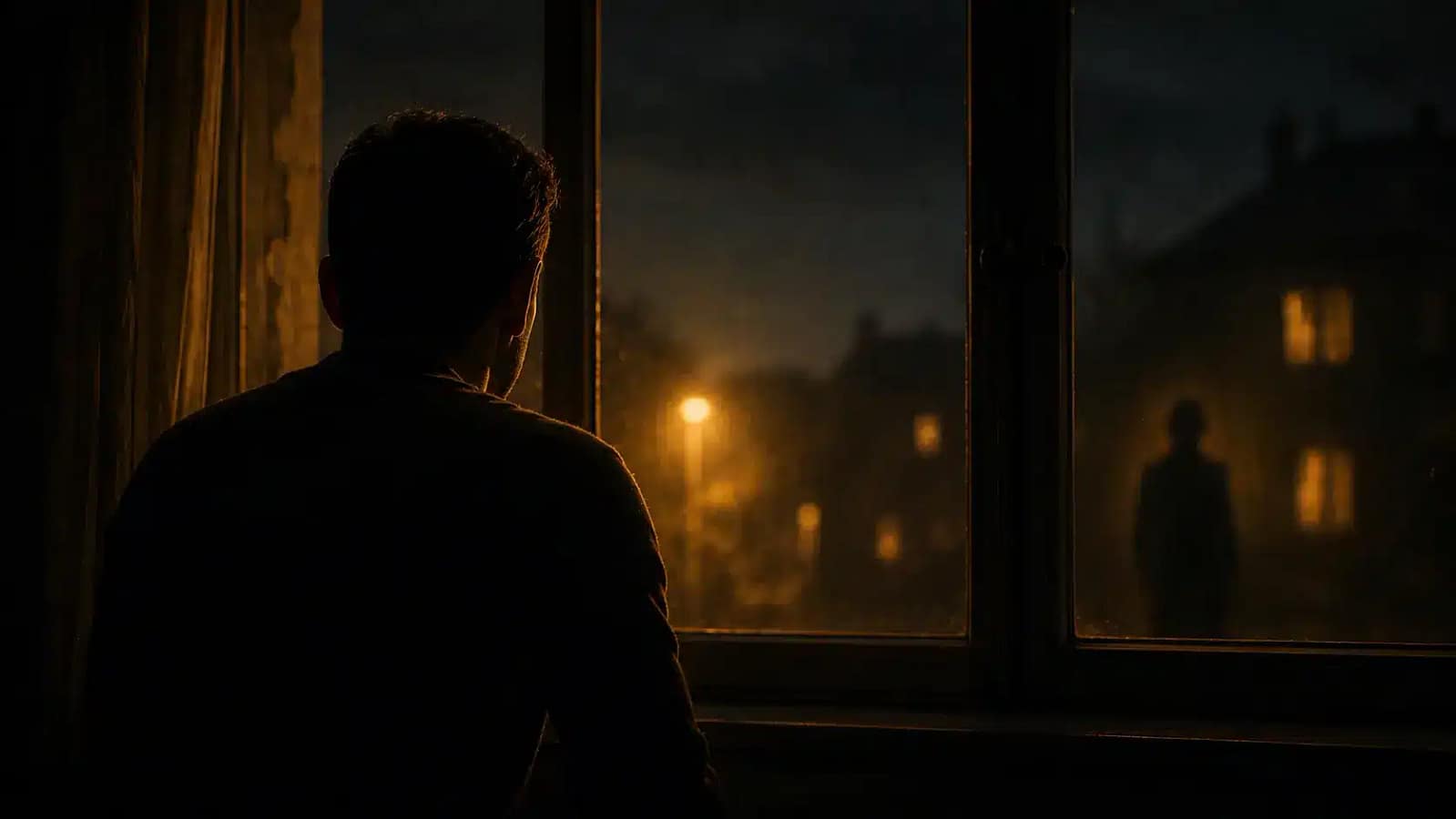 Illustration d'un lien karmique : une personne seule à la fenêtre la nuit, une présence lointaine à l'extérieur, symbolisant l'obsession qui persiste malgré la distance et le no contact