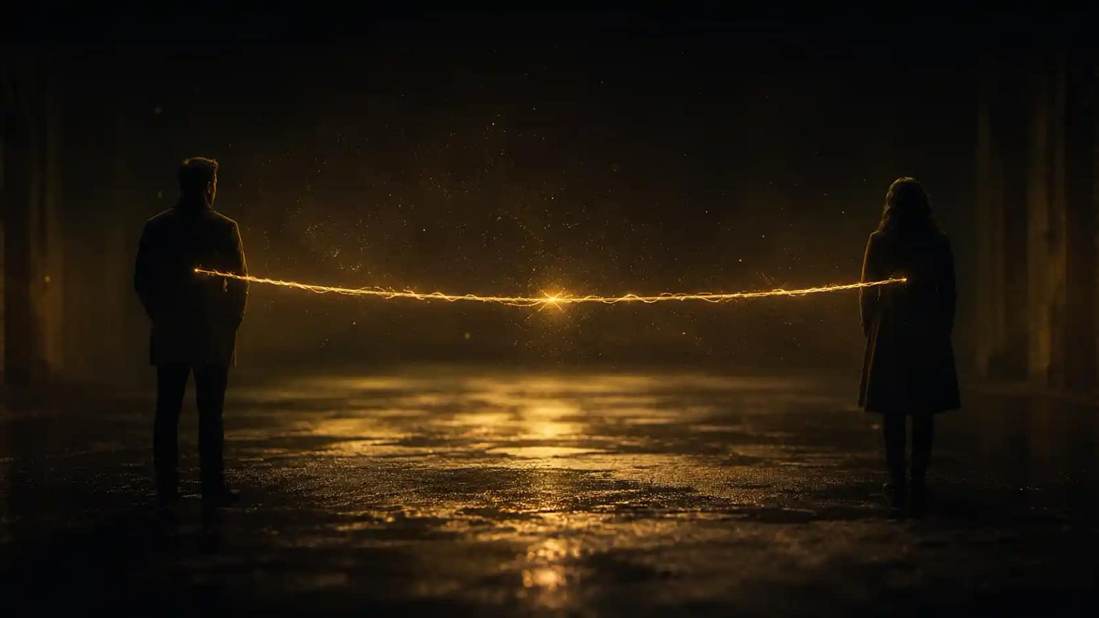 Signes d'un lien karmique : deux silhouettes reliées par un fil doré tendu à travers l'espace, symbole d'un lien d'âme qui persiste indépendamment de la distance et du temps