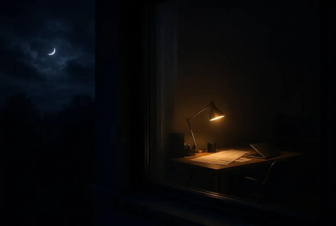 Bureau de nuit avec plans de projet étalés et lampe diffusant une lumière chaude dorée, symbolisant la réflexion sur le bon moment pour lancer un projet selon l'astrologie élective et la numérologie