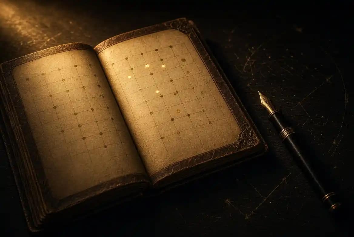Calendrier ancien sur bureau sombre éclairé par une lumière dorée latérale, symbolisant le choix du bon jour de lancement de projet selon l'astrologie élective et la numérologie
