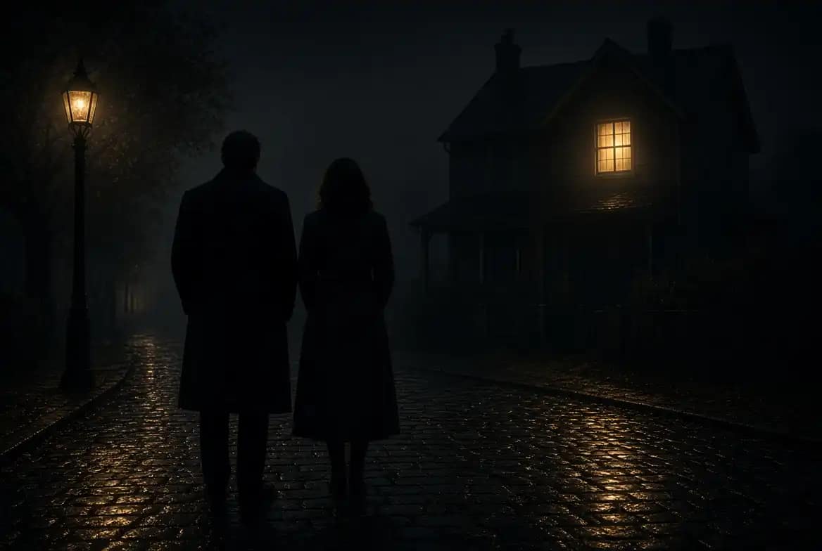 Quand acheter une maison astrologie : silhouette d'un couple devant une maison éclairée la nuit, moment de la décision immobilière