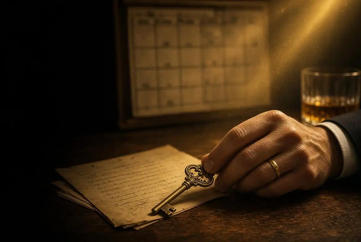Quand acheter une maison astrologie : main tenant un contrat immobilier et une clé, calendrier flou en arrière-plan, ambiance clair-obscur or et noir