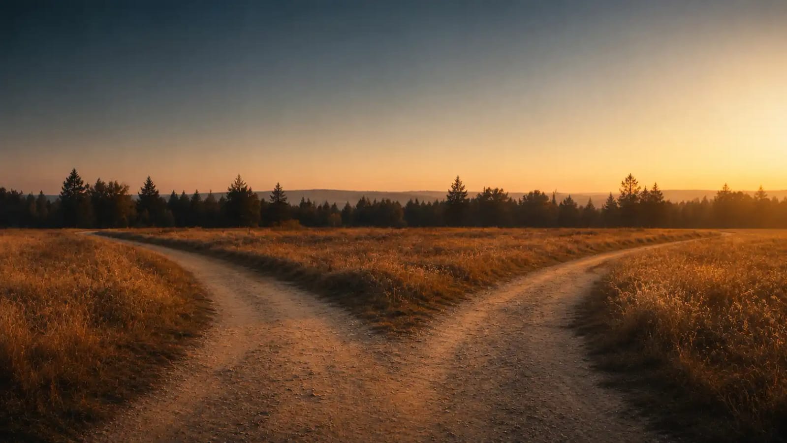 Un chemin qui se dédouble dans une lumière calme et dorée, image de la clarté qui permet de décider entre rester, partir, réessayer ou en parler
